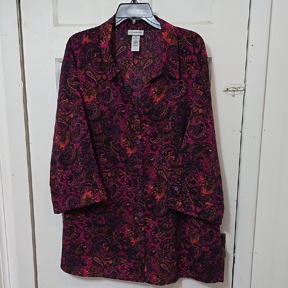 Catherines Tops - Maurices Womens 3X 26/28W Paisley Button-Up Purple Pink Black 3/4 Sleeve